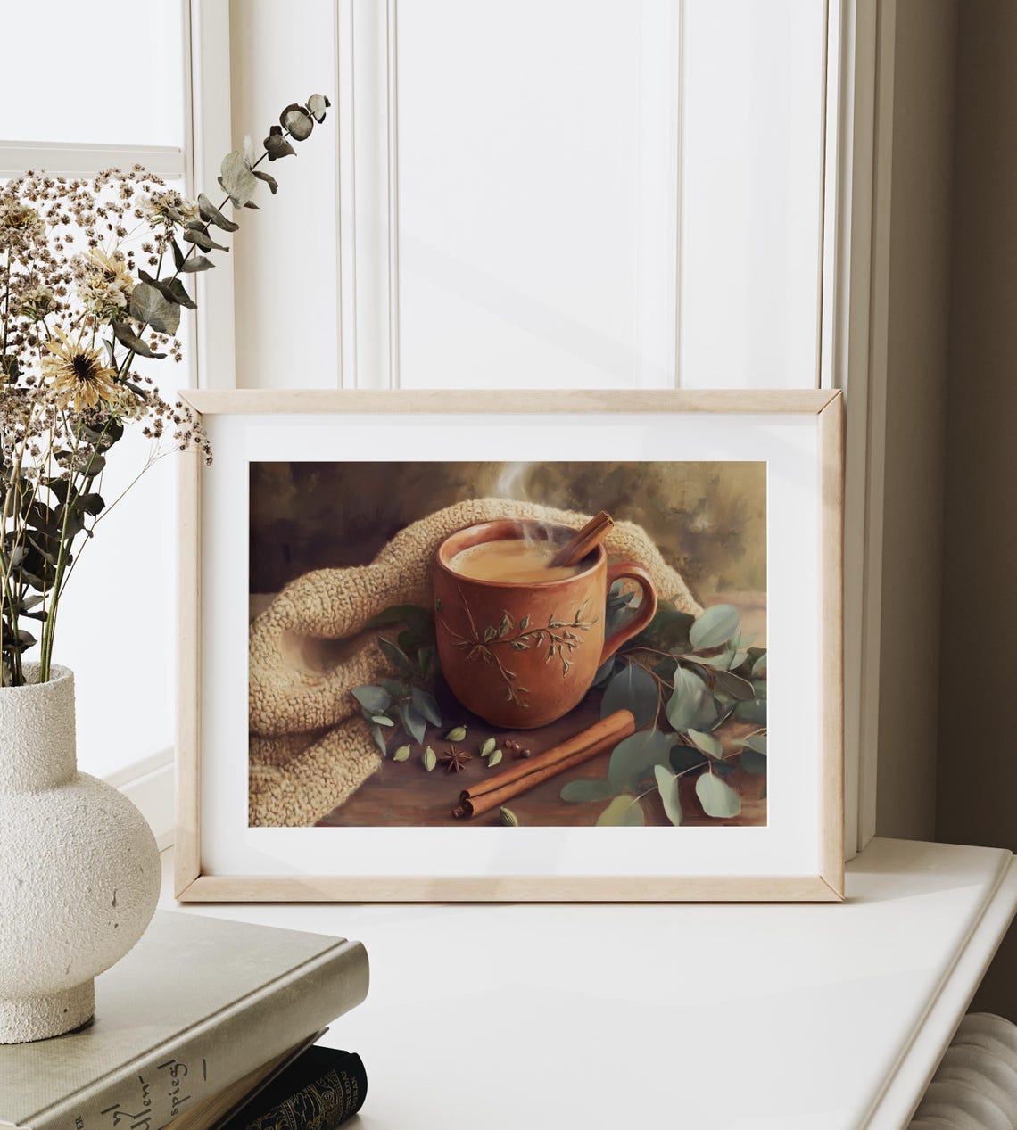 Nostalgic Hot Cocoa Mug With Spices And Knit Blanket Painting Print - Image 3