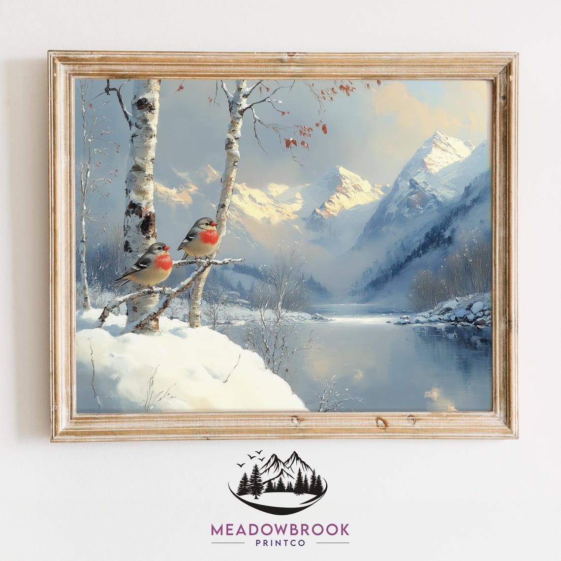 Finch Pair on Snowy Birch Branch Winter Mountain Lake View Bird Poster