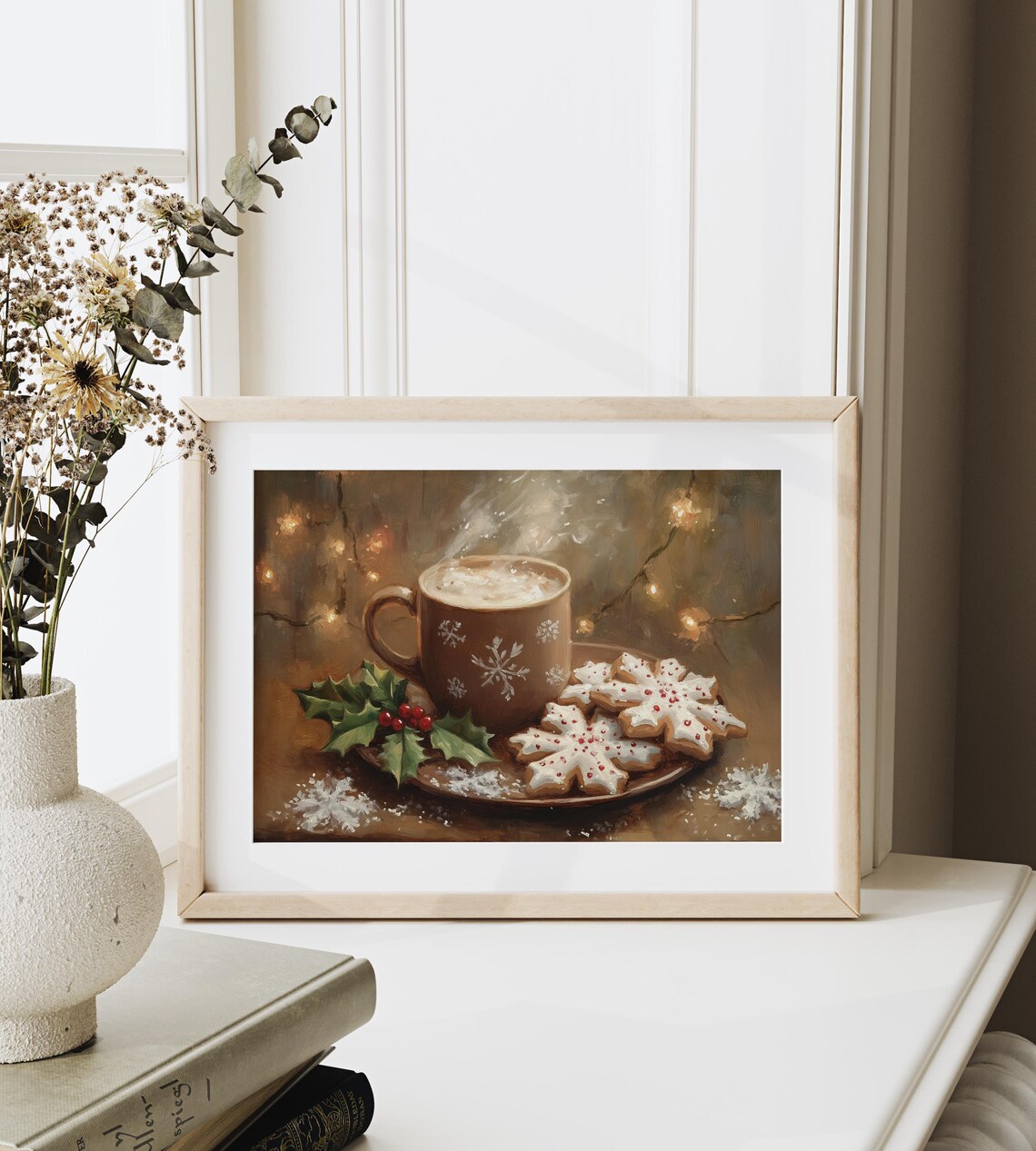 Steaming Cocoa Mug With Holiday Cookies, Christmas Art Print - Image 3