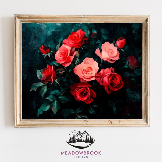 Vibrant Bouquet Of Roses Painting Romantic Valentines Day Wall Decor Moody Floral Art Botanical Love 897