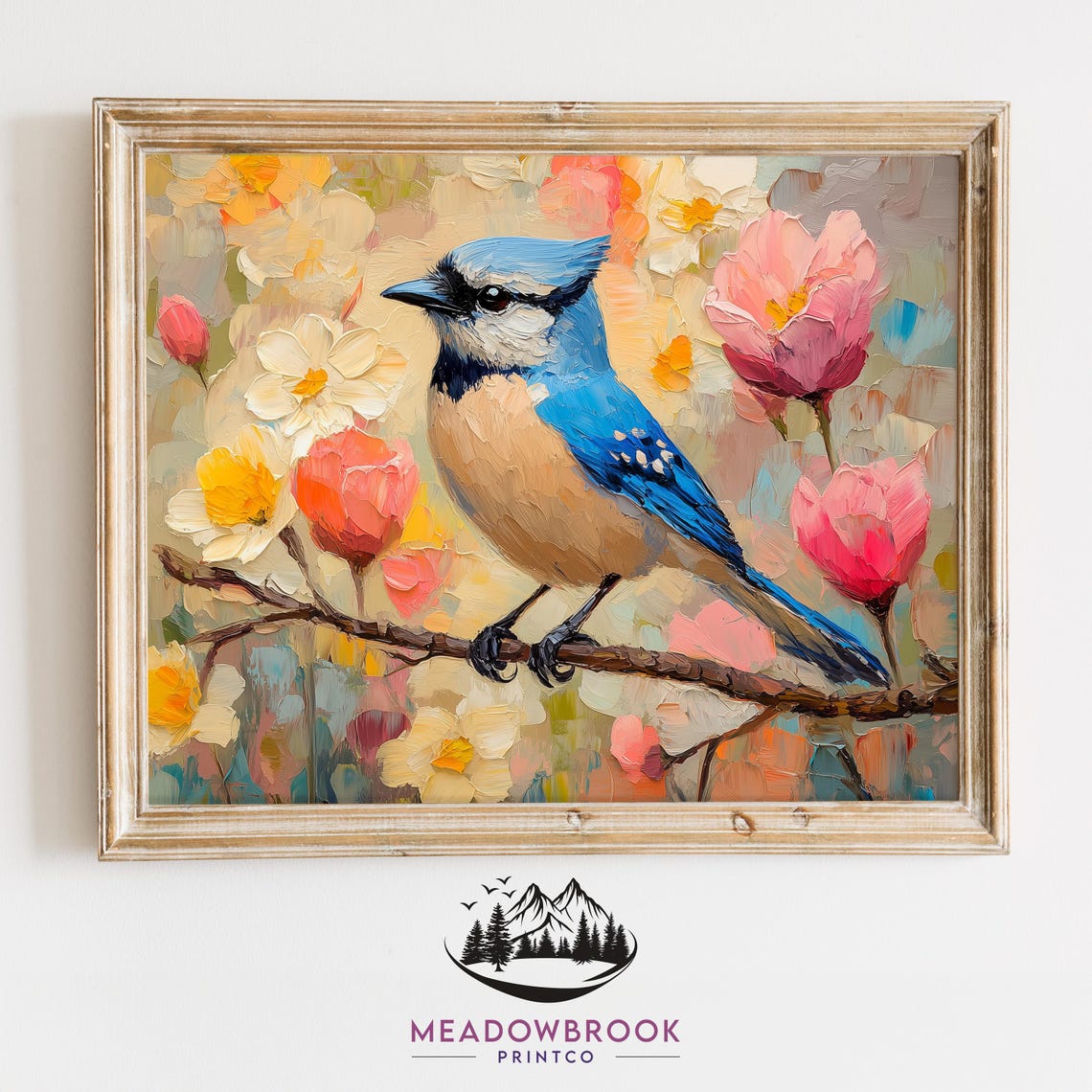 Blue Jay Bird Perched in Pastel Spring Cherry Blossom Flowers Poster