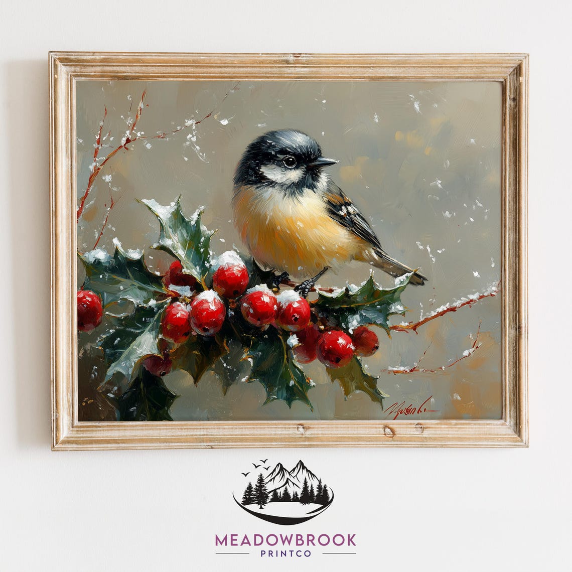 Chickadee On Snowy Holly Branch With Bright Red Winter Berries Poster