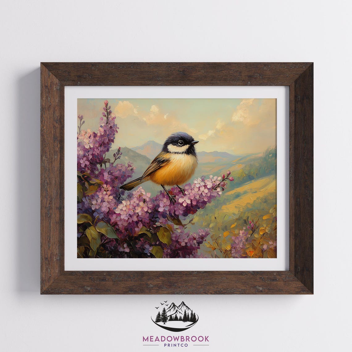 Chickadee Among Lilac Blossoms Rolling Hills Spring Landscape Poster - Image 2