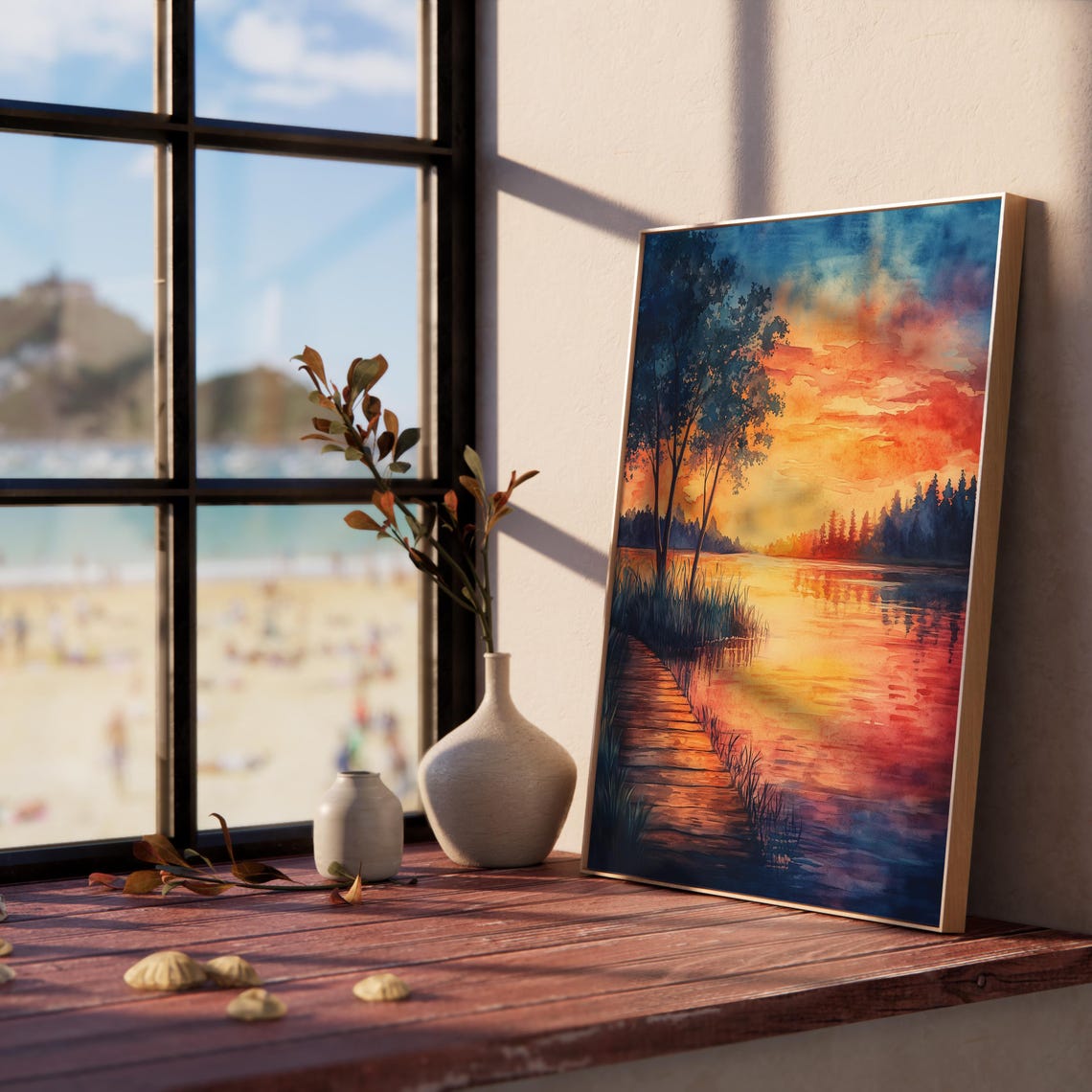 Sunset Boardwalk Path To Shimmering Lake Orange Sky Watercolor Poster - Image 2