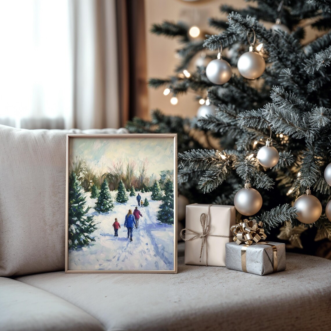 Family Walking Through Snowy Christmas Tree Farm Winter Holiday Print - Image 2
