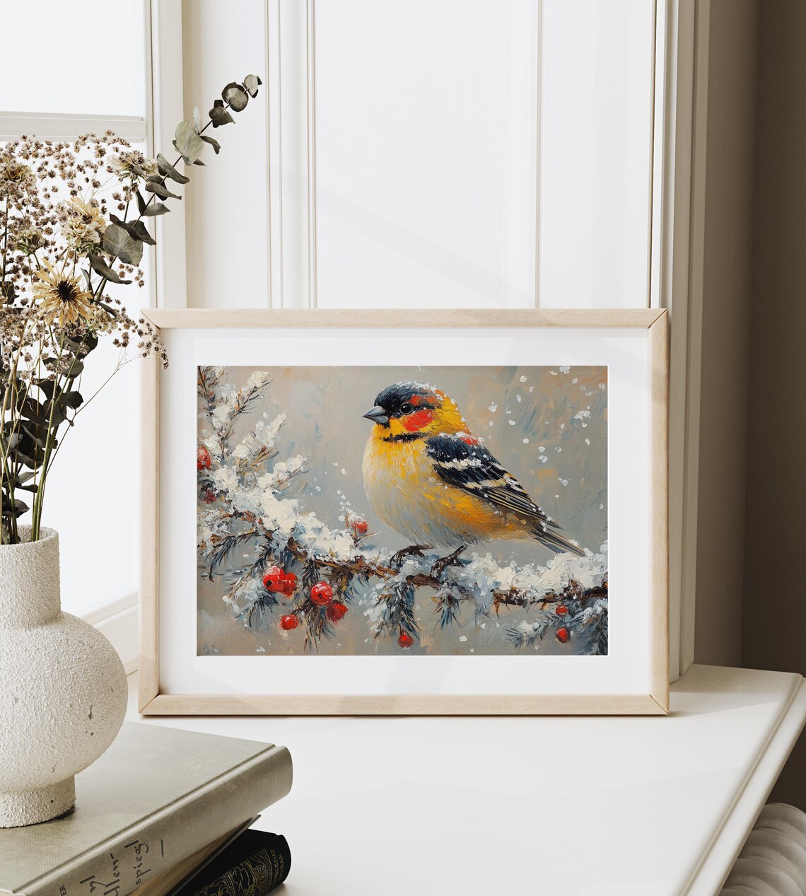 Goldfinch Bird on Snowy Evergreen Branch With Red Winter Berries Art - Image 3