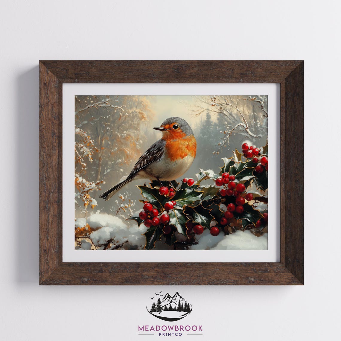 Robin Bird on Holly Branch With Red Berries Snowy Winter Forest Poster - Image 2