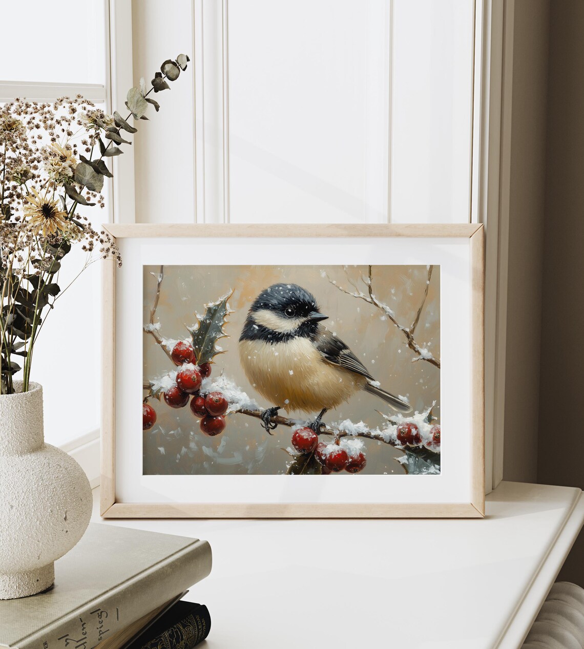 Chickadee On Snowy Branch With Holly Berries Winter Portrait Poster - Image 3