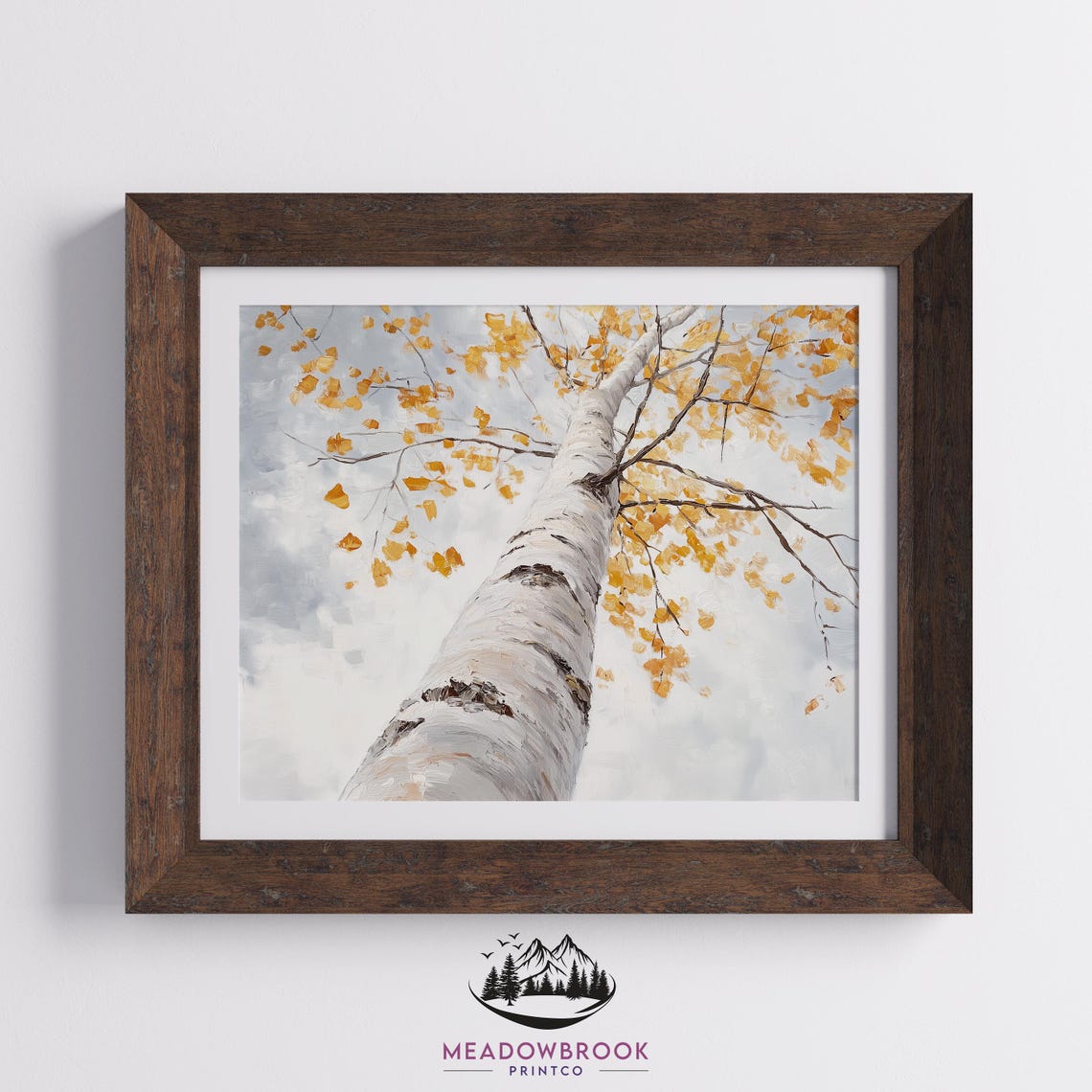 White Birch Trunk Viewed From Below With Golden Autumn Leaves Wall Art - Image 2