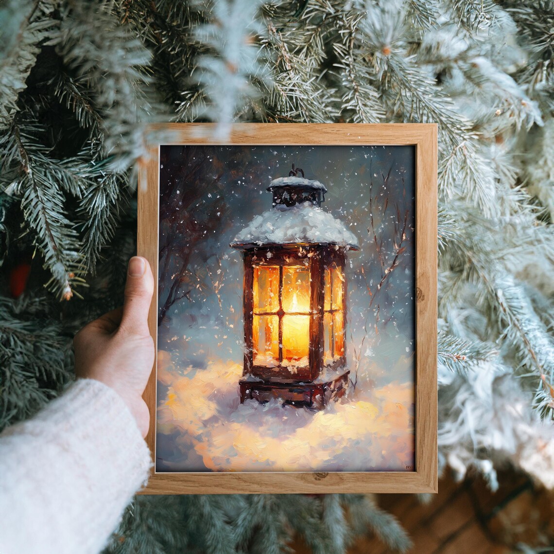 Glowing Snowy Christmas Lantern In Winter Night Vintage Painting Print - Image 3