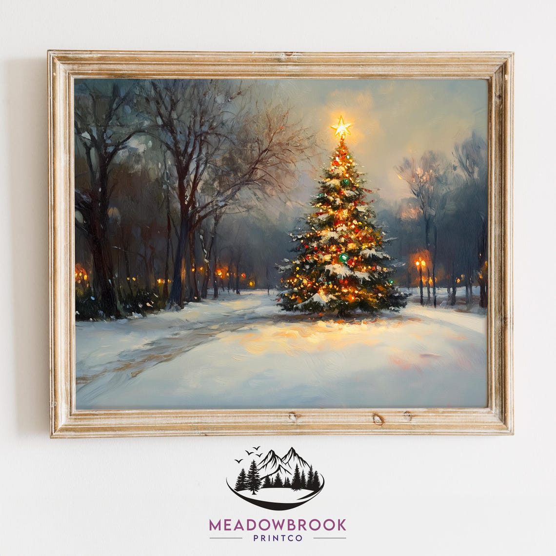 Lit Christmas Tree With Star In Snowy Park Holiday Night Art Poster