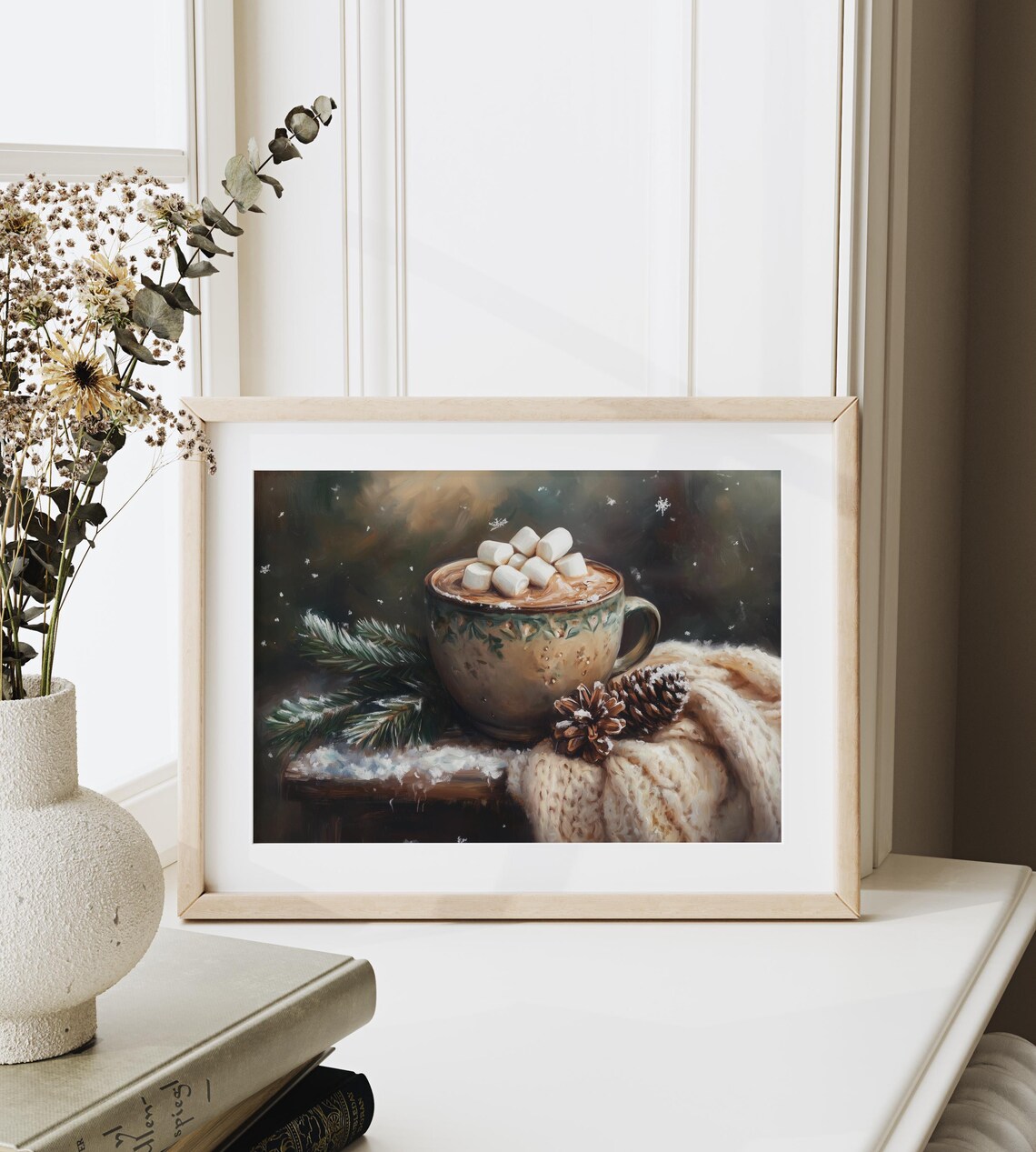 Marshmallow Hot Cocoa Mug With Knit Blanket Snowy Winter Art Poster - Image 3