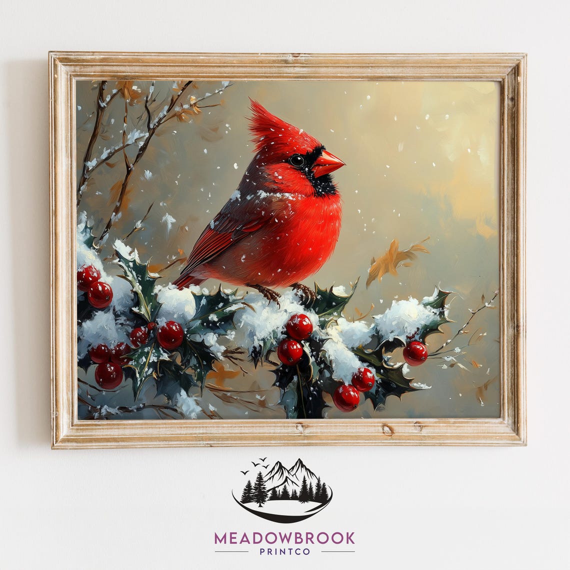 Red Cardinal On Snowy Holly Branch With Berries Winter Bird Poster