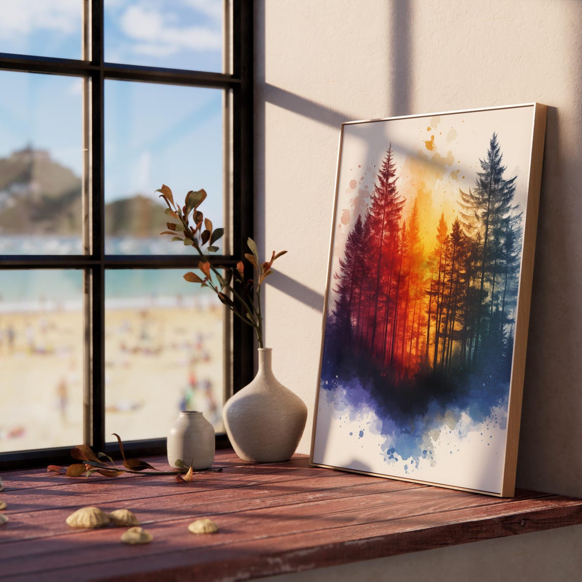 Twilight Pine Forest Rainbow Gradient Splash Watercolor Art Poster - Image 2