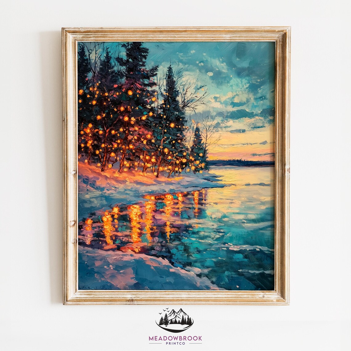 Christmas Lights Reflecting On Frozen Lake Winter Sunset Art Poster