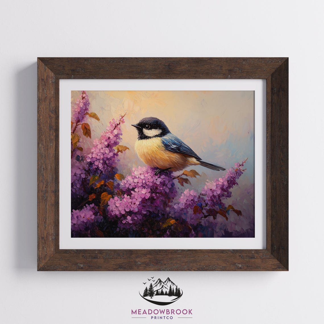 Chickadee Bird on Purple Lilac Bush Under Soft Pastel Spring Sky Print - Image 2