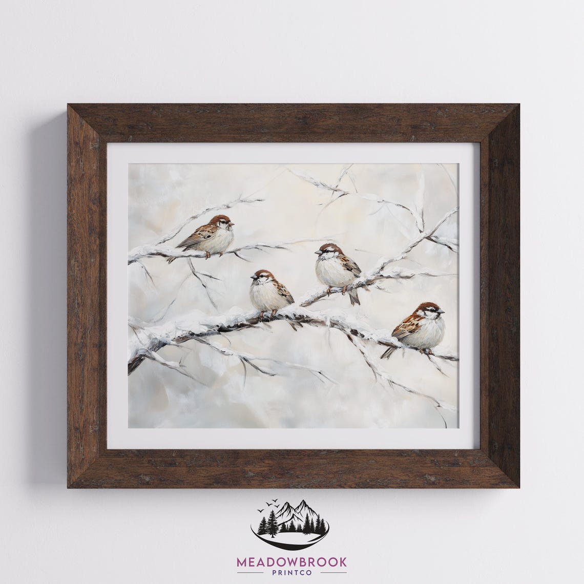 Four Sparrows On Snowy Winter Branches Vintage Bird Painting Print - Image 2