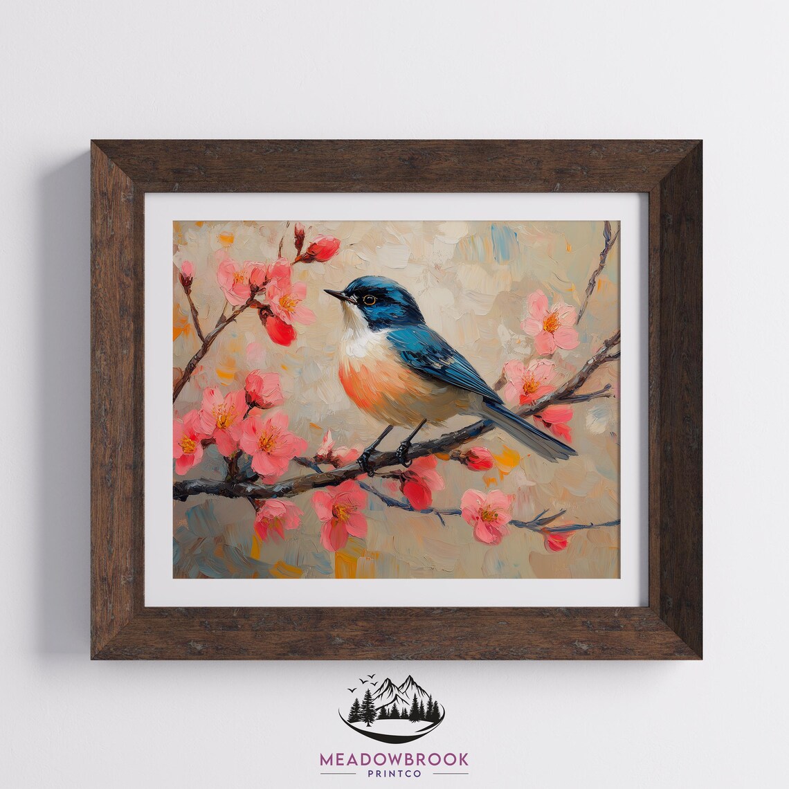 Small Blue Songbird Among Pink Spring Blossoms Impasto Oil Art Poster - Image 2