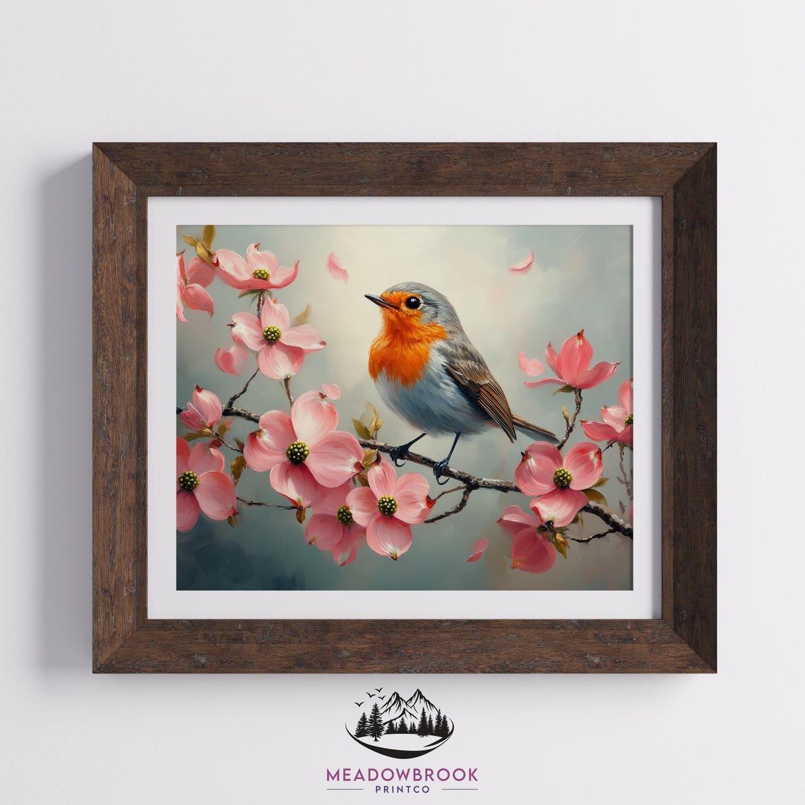 Robin On Pink Dogwood Blossoms Falling Petals Spring Scene Poster - Image 2