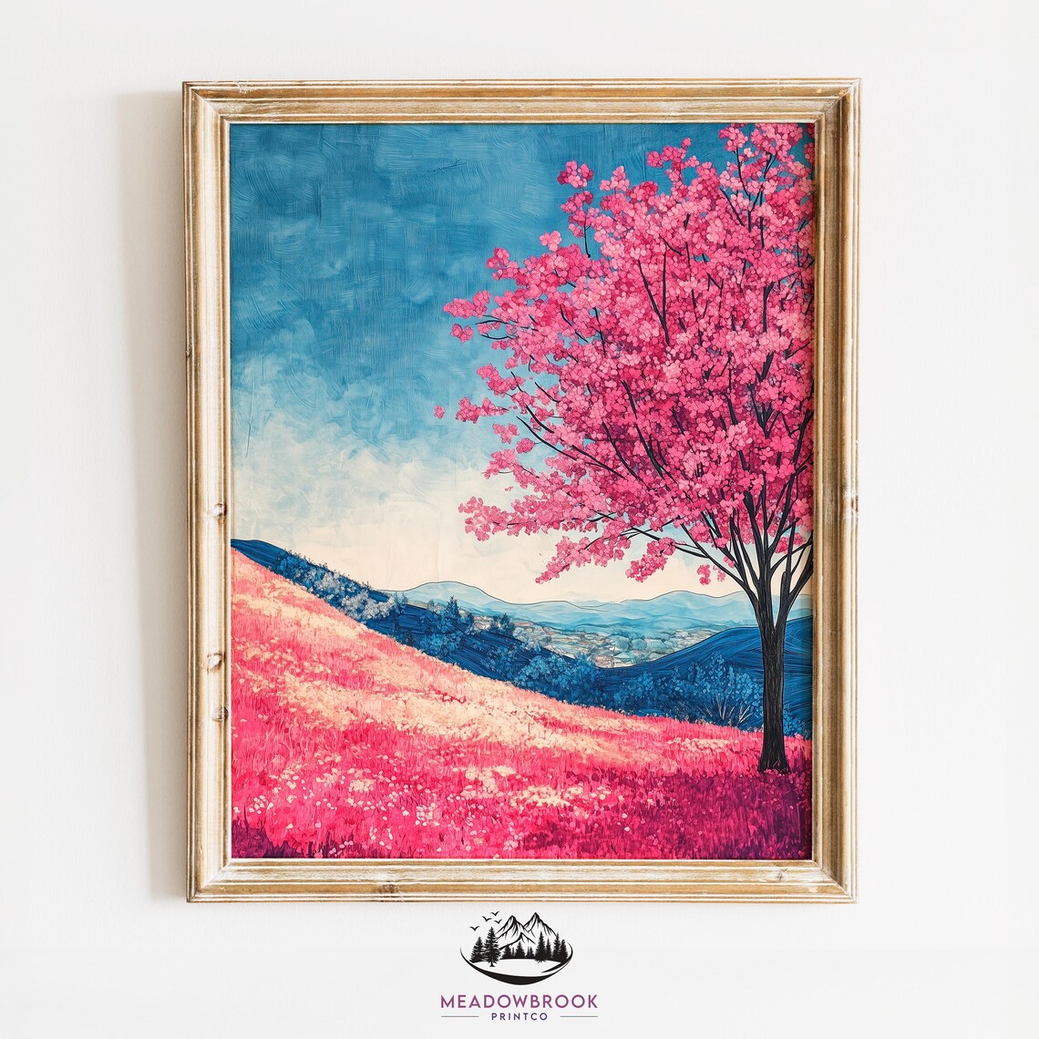 Pink Cherry Blossom Tree Over Flower Field Blue Mountains Poster