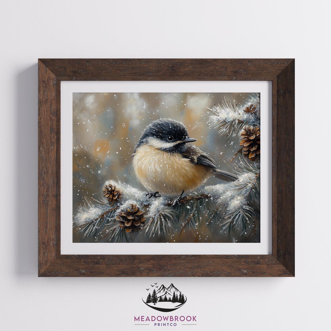 Chickadee On Snowy Pine Branch With Pinecones Winter Scene Poster - Image 2