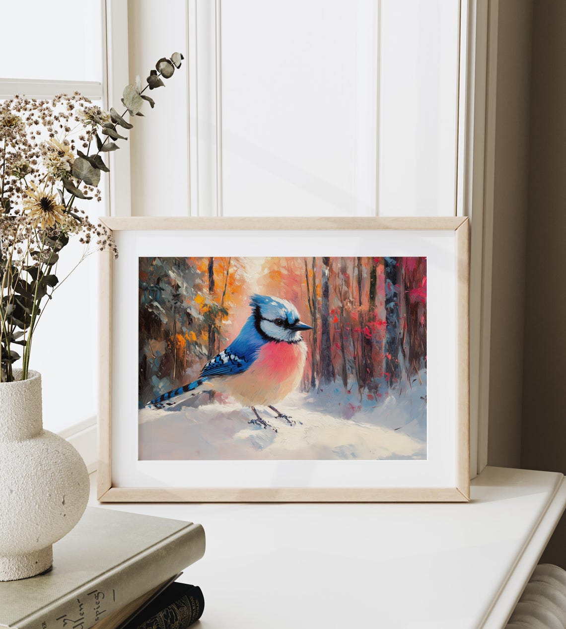 Blue Jay Standing In Snowy Winter Forest Warm Sunset Glow Bird Poster - Image 3