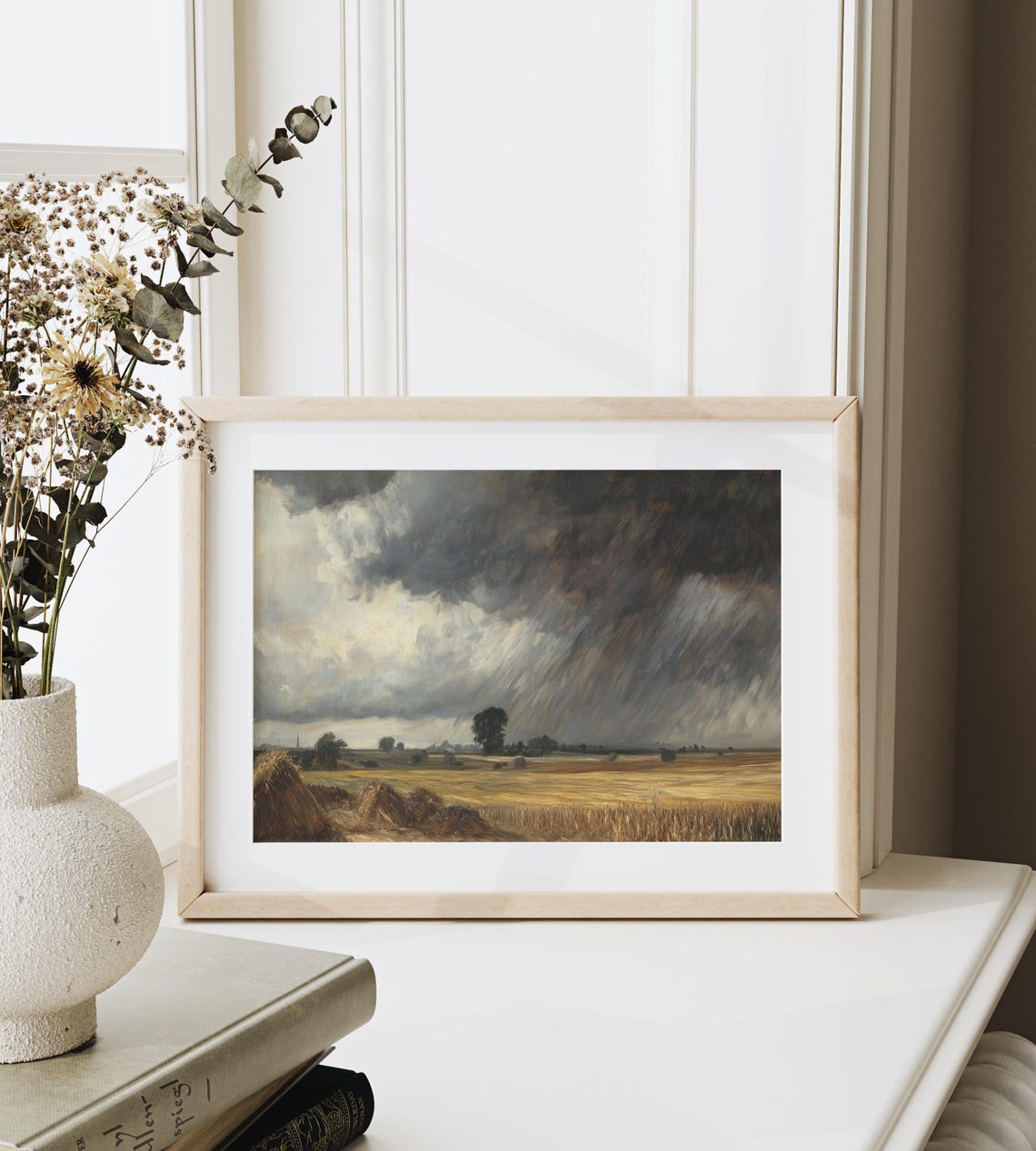 Dark Storm Clouds Over Golden Wheat Field With Haystacks Country Print - Image 3