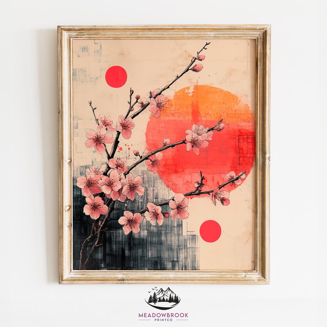 Abstract Cherry Blossom Branch Red Sun Japanese Style Art Poster