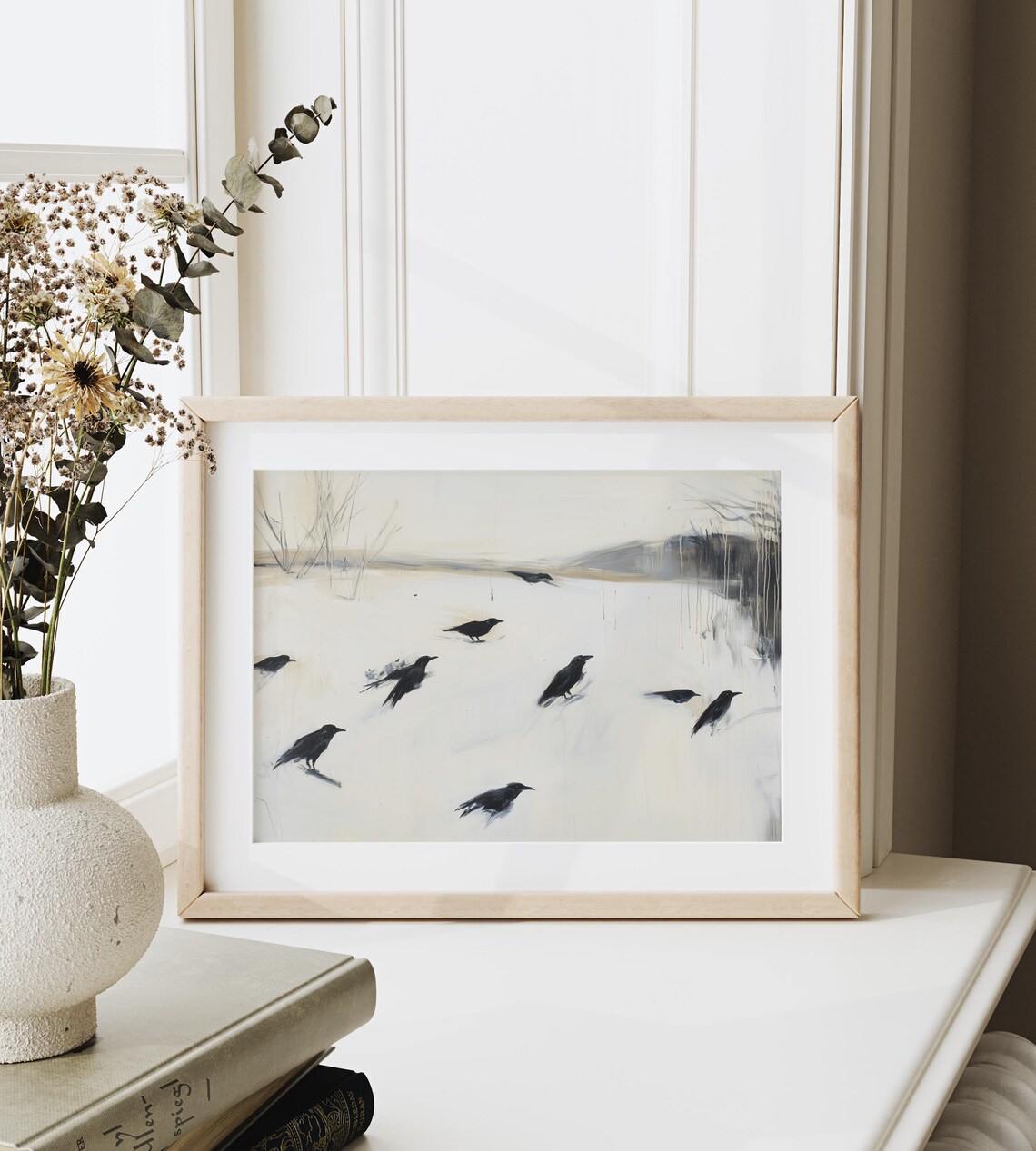 Flock Of Black Birds In Snowy Field Minimalist Winter Art Poster - Image 3