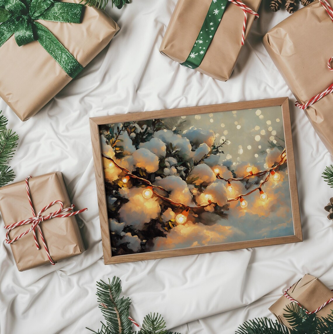 Twinkling Lights On Snowy Branches Rustic Winter Wall Art Moody Christmas Decor Cozy Holiday Painting Warm Lights Print 471 - Image 3