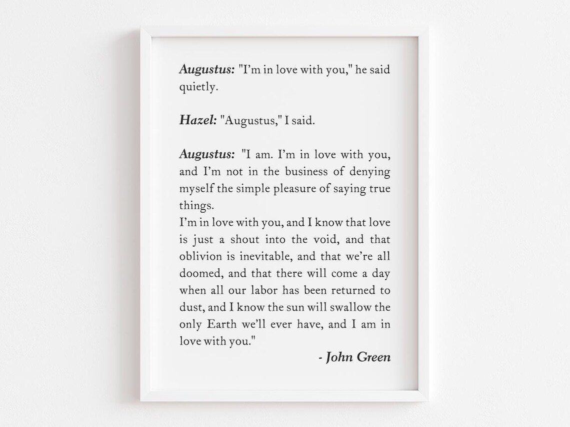 John Green Augustus And Hazel Love Dialogue Romantic Book Quote Poster