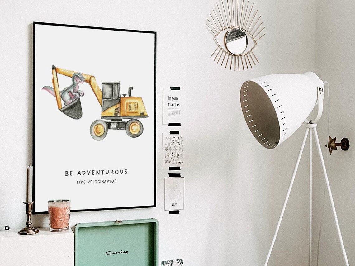 Dinosaur Velociraptor Nursery Construction Truck Art Print - Image 3