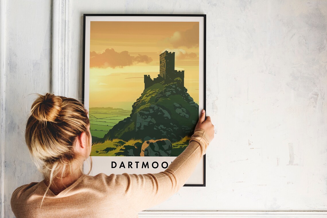 Dartmoor England Sunset Over a Hilltop Castle Ruin Retro Travel Poster - Image 2