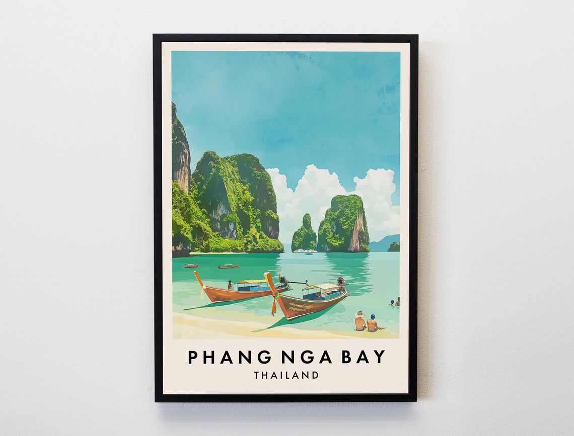 Phang Nga Bay Thailand Longtail Boats Limestone Karsts Travel Poster