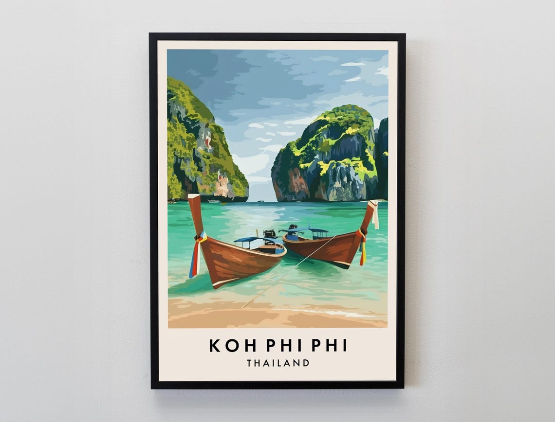 Koh Phi Phi Thailand Longtail Boat Beach Scene Travel Poster