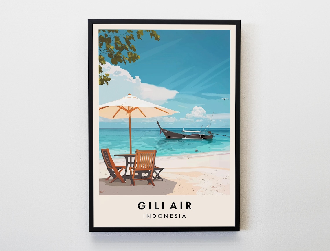 Gili Air Indonesia Tropical Beach Umbrella Wooden Boat Travel Poster