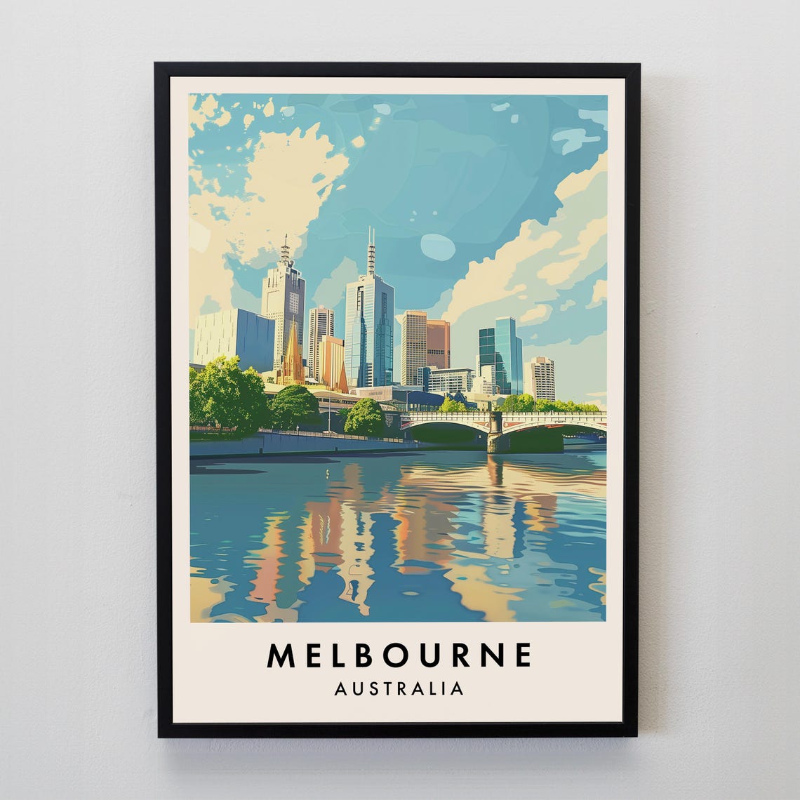 Melbourne Australia Skyline Yarra River Vintage Travel Art Poster
