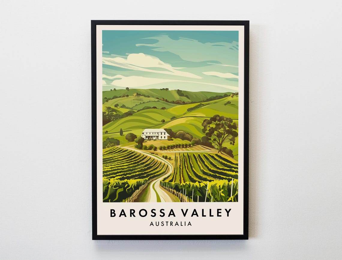 Barossa Valley Australia Travel Poster Vineyard Hills Wine Art