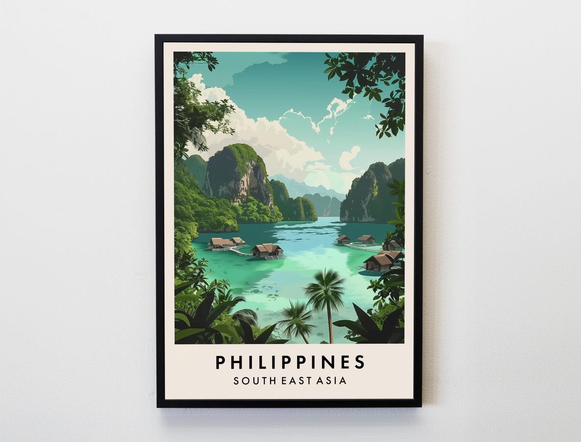Philippines Tropical Lagoon Stilt Huts Paradise Travel Poster