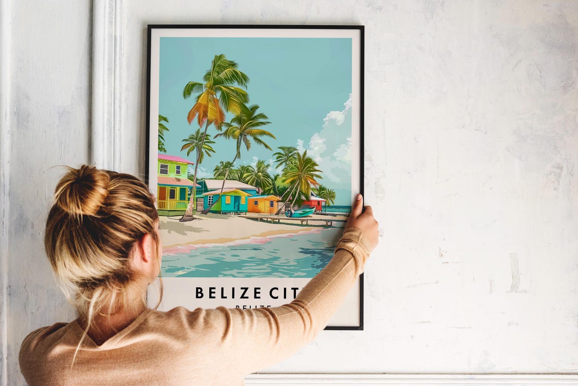 Belize City Beach Huts Palm Trees Tropical Shoreline Travel Poster - Image 2