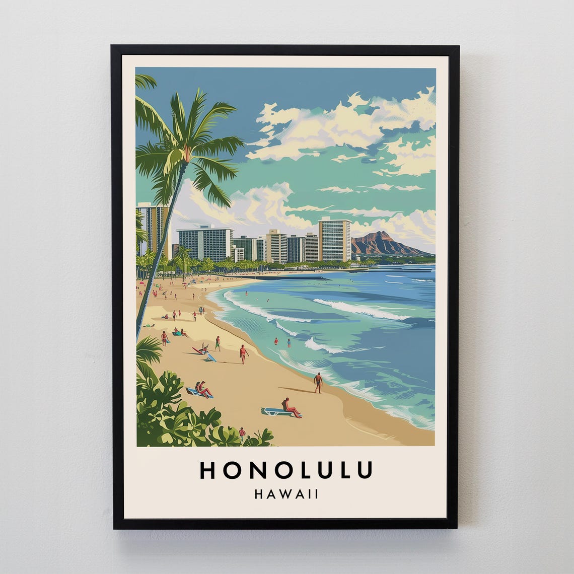 Honolulu Waikiki Beach Palm Trees Diamond Head Skyline Travel Poster