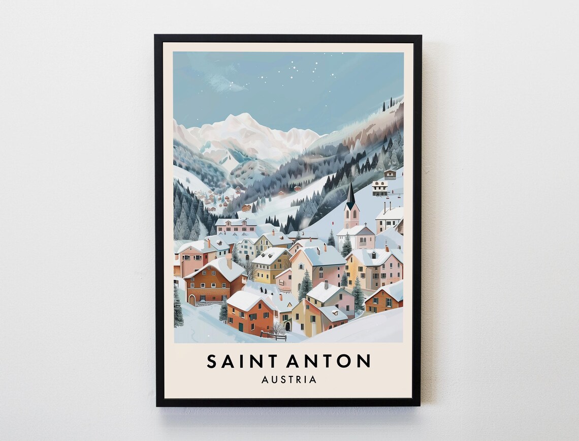Saint Anton Austria Snowy Village Travel Poster Alpine Winter Illustration