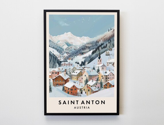 Saint Anton Austria Snowy Village Travel Poster Alpine Winter Illustration