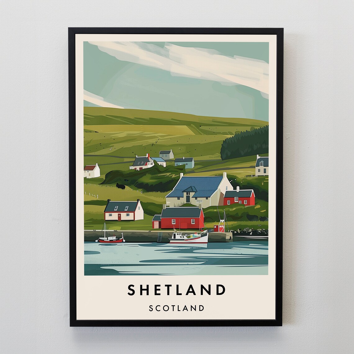 Shetland Scotland Charming Harbor Village Retro Travel Art Poster