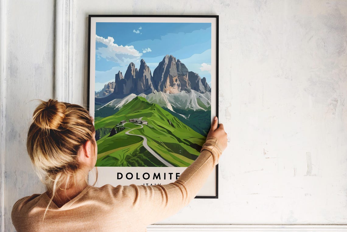 Dolomites Tre Cime Peaks Winding Alpine Road Italy Travel Poster - Image 2