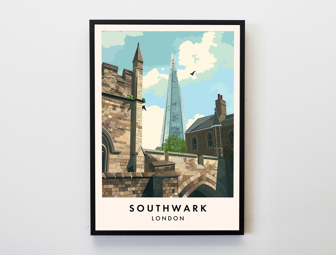 Southwark London The Shard Old Church Stone Bridge Travel Poster