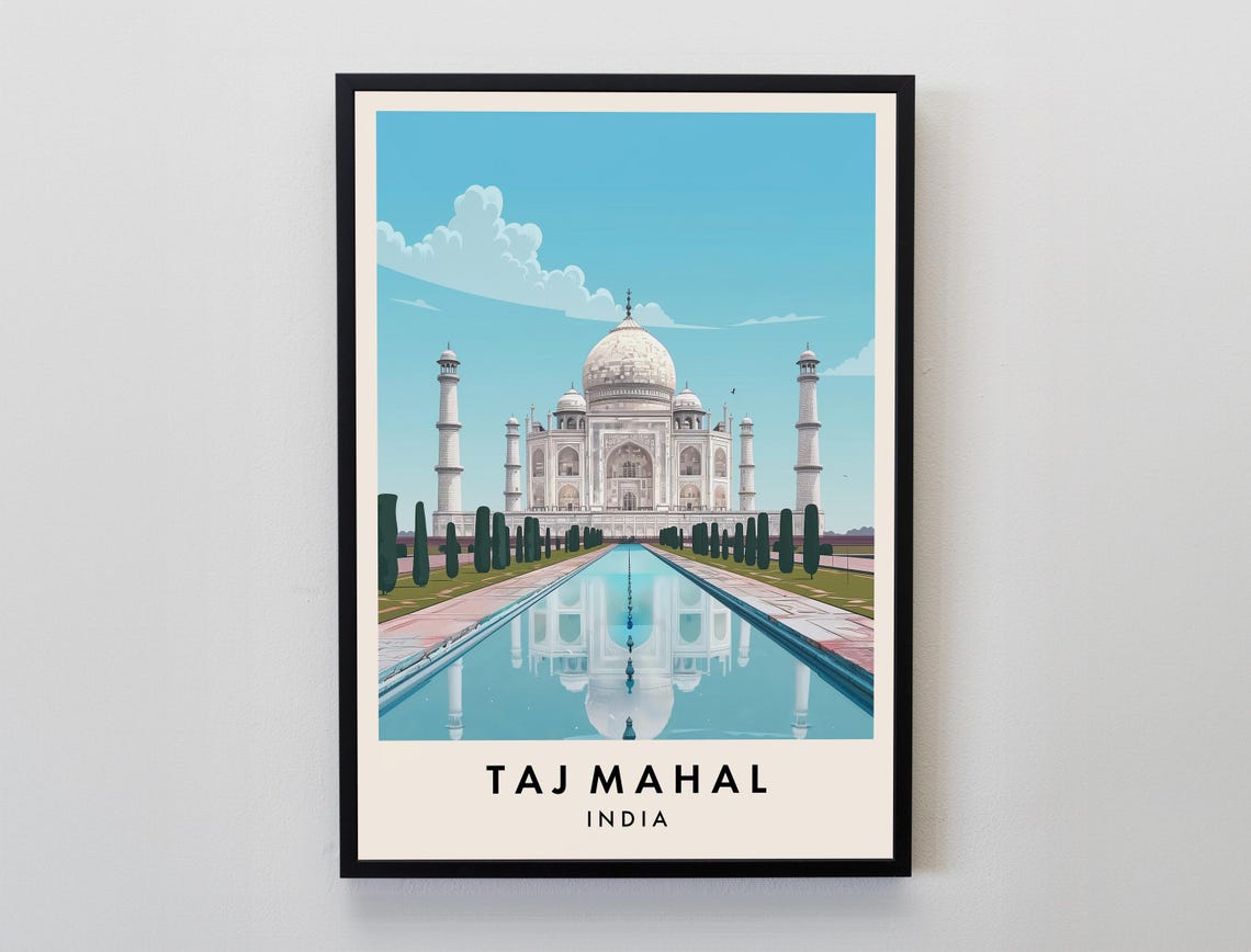 Taj Mahal India Reflection Pool Vintage Travel Illustration Poster