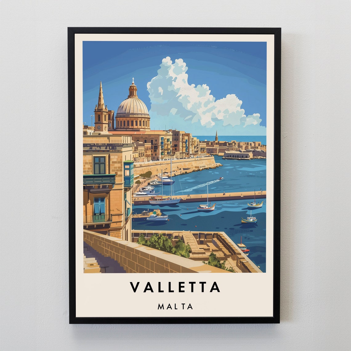 Valletta Malta Harbor Grand Dome Vintage Travel Scene Poster