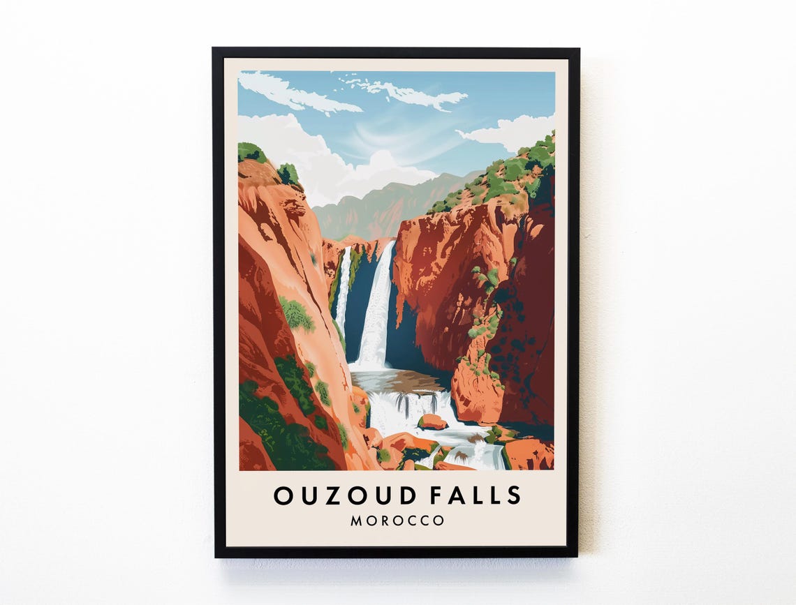 Ouzoud Falls Morocco Red Canyon Waterfall Oasis Mountain Travel Poster