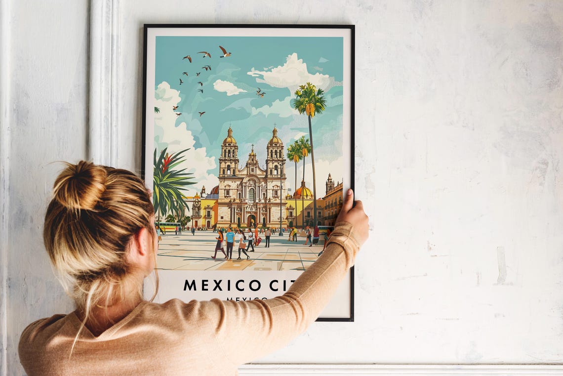 Mexico City Metropolitan Cathedral Plaza Palms Crowds Travel Poster - Image 2